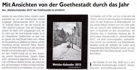 2012/12 – Die Medien über den “Wetzlar-Kalender 2013”