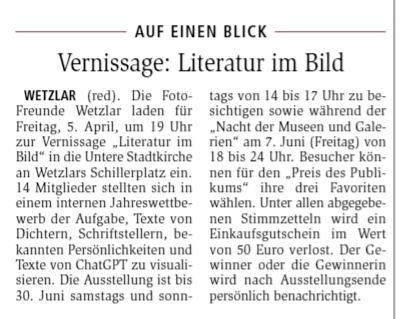 2024-04-03 WNZ: Ankündigung Vernissage “Literatur im Bild”