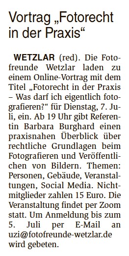 2026-07-04 Wochenblatt – Ankündigung Vortrag „Fotorecht“